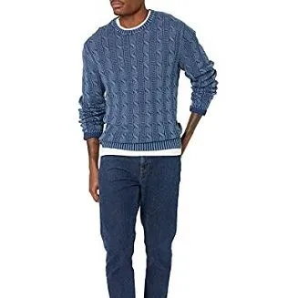 Suéter masculino de algodão macio de massa frita torcido com gola redonda